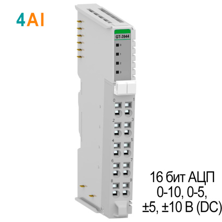 GT-3944 Аналоговый ввод, 4AI, 0-10/0-5/±5/±10 В (DC), 16 бит АЦП, RTB 10